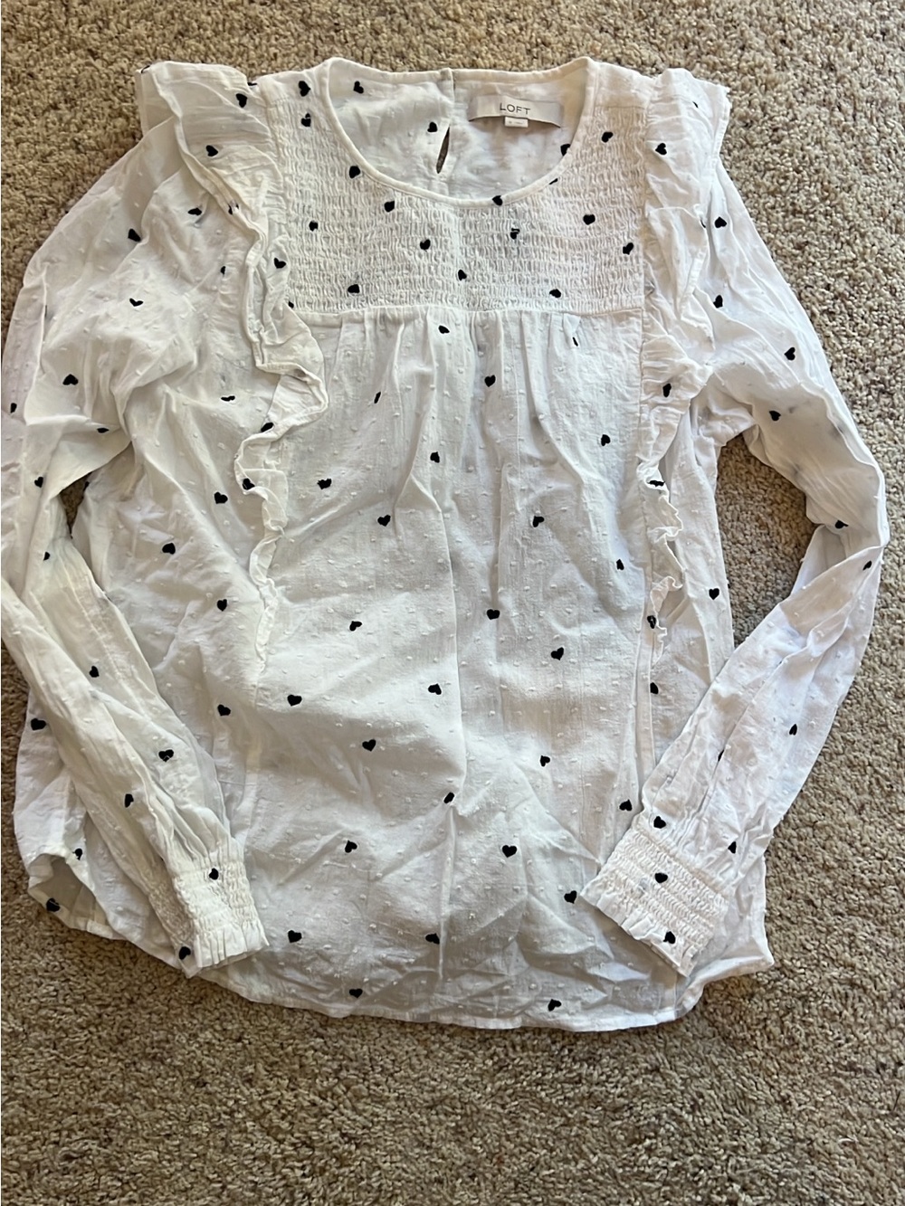 LOFT White Blouse with Black Heart Print and Ruffles